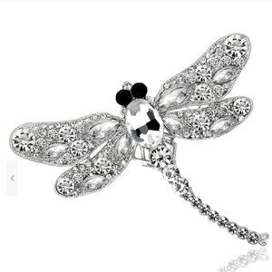Clear Crystal 4" Dragonfly Brooch Pin Silver Tone